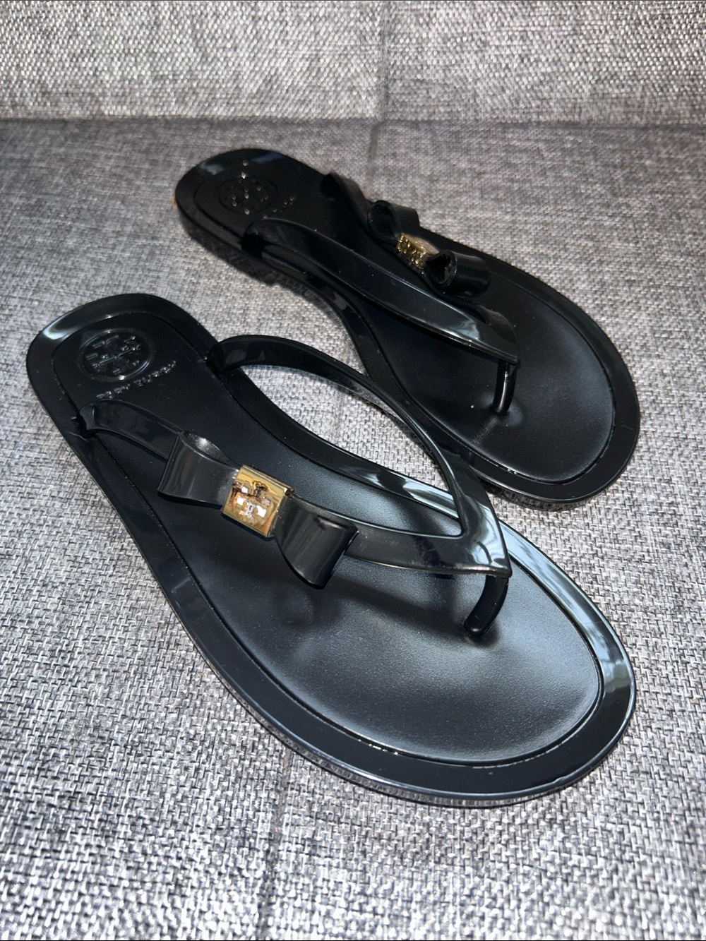 Tory Burch MICHAELA -Black Jelly Bow Flip Flop Sandals with Gold Accent